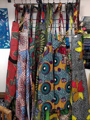 Selection of aprons for sale (May 2025) at Angola Art Café - Caffi Celf Angola in Aberystwyth