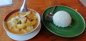 Massaman Curry w white rice, 85 baht. Sooo yummy, my favourite dish in Pai! Big Portion as well at Charlie and Lek Health Restaurant in Pai
