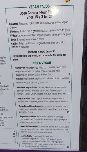 Vegan column on the menu at Las Margaritas Woodend  in Woodend