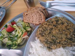 Green salad + quinoa stew with rice at Asociacion Hare Krisna de Madrid in Madrid