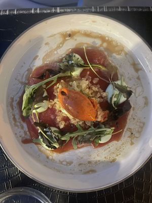 36 uur gegaarde watermeloen met tomaat basilicum sorbet at Restaurant Te Koop in Tilburg in Tilburg