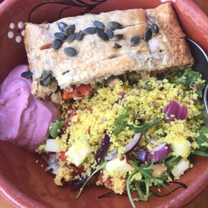 veggie strudel with couscous and pink mayo, it was decent  at Princesa do Castelo in Lisbon