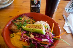 Bowl with rice, salad, sweet potato  and other things at Princesa do Castelo in Lisbon