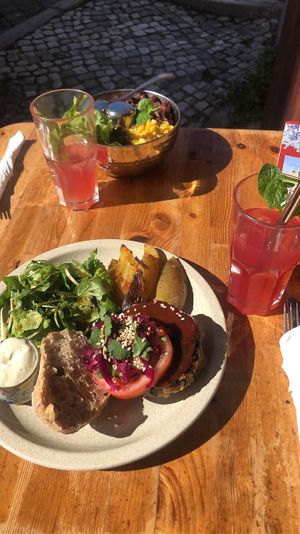 Bean burger with House ice tea  at Princesa do Castelo in Lisbon