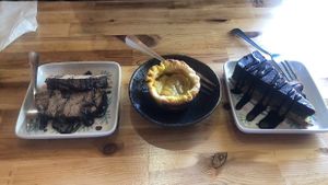 From top : cookie crumble with chocolate( kalter Hund), vegan pastel de nata, raw chocolate and basil cheesecake at Princesa do Castelo in Lisbon