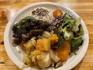 Today’s main-course. Black beans with vegetables   at Princesa do Castelo in Lisbon