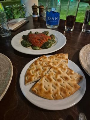 Pita bread and the peppers in tomato sauce at Konstantin Restaurant Cafe in Rhodes