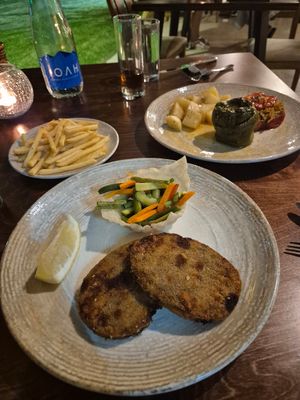 Schnitzel and fries plus the stuffed peppers with Greek potatoes at Konstantin Restaurant Cafe in Rhodes