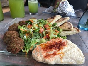 Vegan falafel salad with hummus  at Falafel and Friends in Sayulita