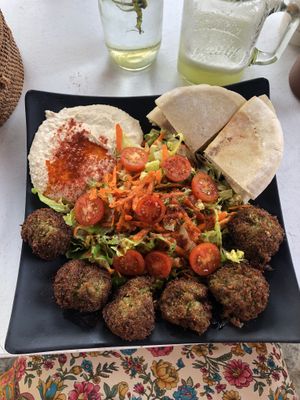 Falafel salad with pineapple and cucumber water at Falafel and Friends in Sayulita