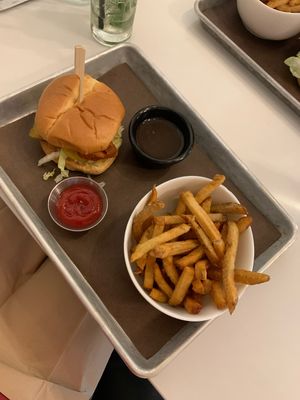Spicy Jackfruit burger and fries & gravyy  at Omni Kitchen + Bar in Langley