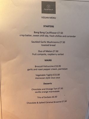 A full vegan dinner menu  at Fairfield House Hotel in Ayr