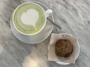 Matcha latte & sesame cookie  at Cafè Riutort in Mallorca