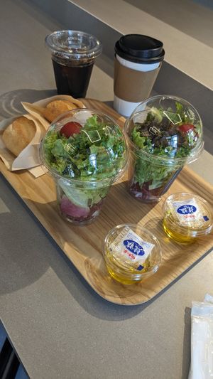 Complimentary breakfast (Vegan) - Salad 🥗 with Bread 🥖 and Coffee ☕ or Juice 🧃 | no vinegar offered, but can be bought in next doors Family Mart at ALLY's 58Street Coffee in Naha