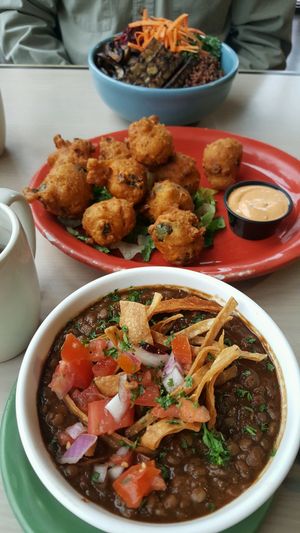 Texas lentil chili & poblano corn fritters at Senor Veggie in San Antonio