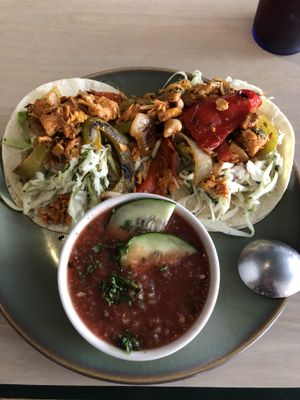 Jackfruit veggie street tacos and watermelon gazpacho at Senor Veggie in San Antonio