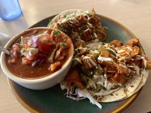 Tortilla soup with jackfruit carnitas street tacos  at Senor Veggie in San Antonio