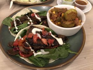 Carne Asada tacos with veggie of the day at Senor Veggie in San Antonio