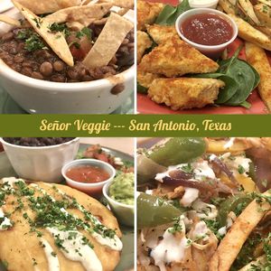 Texican Lentil Chili, Crispy Tofu Nuggets, Pupusas Norteñas, and Veggie Street Tacos at Senor Veggie in San Antonio