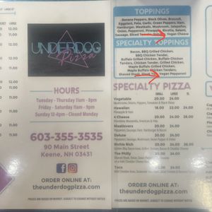Menu  at Underdog Pizza in Keene