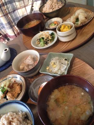 Hitoto lunch plates. There were 6 deli items to choose from so we had 3 each. Simple flavours, nice and filling. at Hitoto in Tokyo