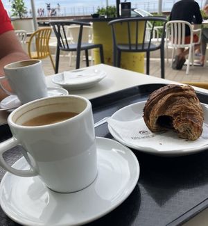 Café con leche avena with a vegan spelt croissant. May 2025  at Forn Sant Salvador in Tarragona
