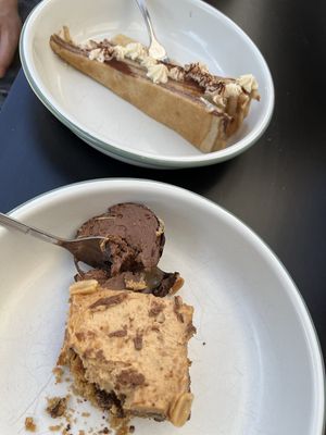 Crepe cake with pear and chocolate (top) and gourmandise with peanut and caramel (bottom)  at Café Pfusch in Leipzig
