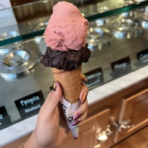 strawberry and dark chocolate! all cones are vegann  at Flor Gelato Italiano in Rome