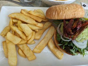 Vegan burger and patatas bravas #Veganuary at SUKA Fruit & Salad in Tenerife