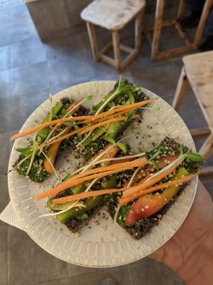 Vegan sandwich with sourdough bread and homemade pesto at In the flow space for specialty coffee in Sofia