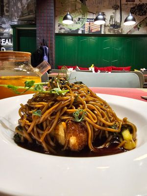 Tofe steak with buckwheat noddles in teriyaki sauce at Green Food in Bishkek