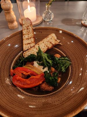 Chickpea chili with kale chips. Unfortunately I think it may have had non-vegan yogurt even though I asked for vegan, but I couldn't be sure. at Camp Ripan in Kiruna