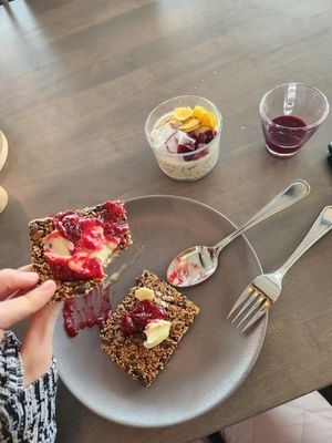 Vegan seed bread (so good), vegan butter, vegan yogurt parfait! The parfait was clearly marked! at Camp Ripan in Kiruna