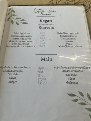 Vegan menu page  at Stop Inn in Kos