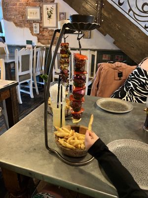 Vegan meatball hanging kebab with fries   at The Botanist in Alderley Edge