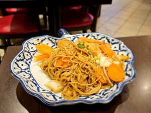 Noodles with tofu, Chinese cabbage, sprouts, bamboo, carrot. at Muang Thai in Colmar