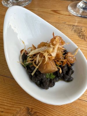 Amuse bouche - eggplant, lentils, fried leeks, salsa verde at Mana  in Leavenworth