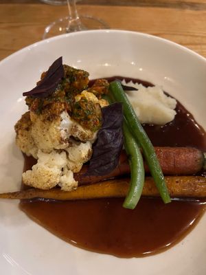 Roasted cauliflower and parsnip mash in an au jus at Mana  in Leavenworth