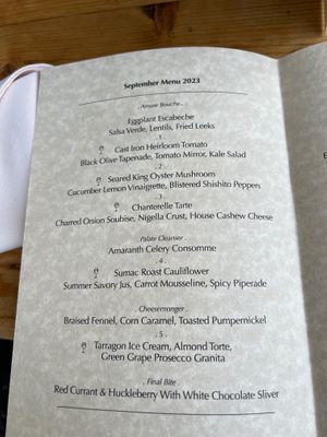 September 2023 vegan menu.  The only mishap was that the white chocolate in the final bite must not have been vegan because ours didn’t come with it.  at Mana  in Leavenworth