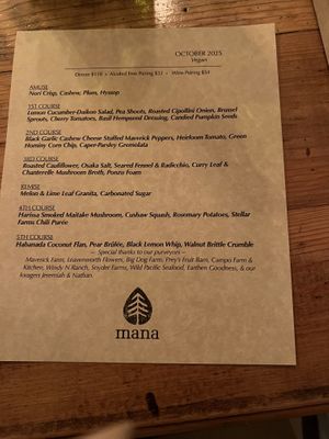 Vegan tasting menu for Oct 2025 (changes often).    at Mana  in Leavenworth