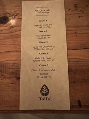 Wine pairings for our menu  at Mana  in Leavenworth