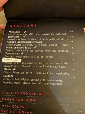 Starters (white V is vegan and green V is vegetarian) at Haibu in Sao Miguel