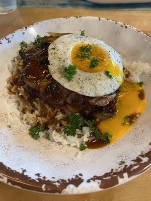 One of the BEST vegan loco moco I’ve had!! The vegan egg on top was mind blowing. Tacos are solid, crab cakes are amaZINNNNG. Not pictured but the beignets are DELISH as well!!   at The Mustard Seed in Cerritos