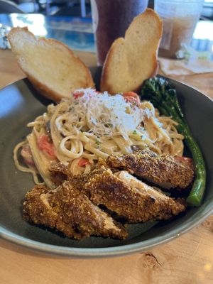 Fettuccine Alfredo with blackened chickenn  at The Mustard Seed in Cerritos