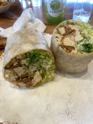 Vegan Crispy Chick’n’ BLT Wrap (could have had more sauce or a side of Valentina) - little dry imo but still good! HUGE serving! 😅  at The Mustard Seed in Cerritos
