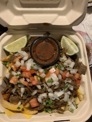 Carne asada fries with salsa  at Golene's Vegan Kitchen in Murrieta