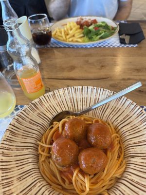 I asked for spaghetti with my meatballs instead of fries!  at Tásos in Zakynthos