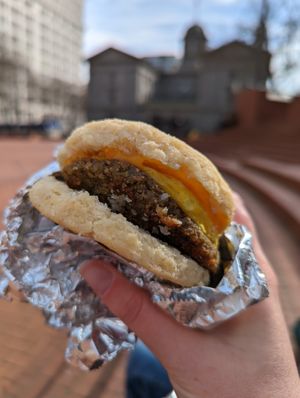 Vegan breakfast roll - sausage, egg and cheese at Petunia's Pies and Pastries in Portland