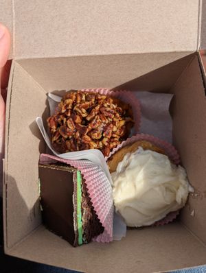 Pecan cinnamon roll, cinnamon roll with cream cheese frosting and mint thin brownie at Petunia's Pies and Pastries in Portland