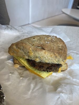 Breakfast sandwich made with cheddar and herb scone  at Petunia's Pies and Pastries in Portland